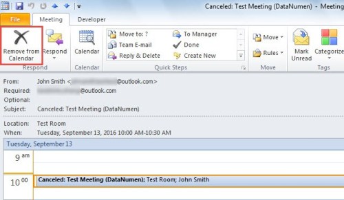 Find cancelled meeting in outlook